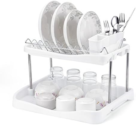Dish Rack Set 2-tier Stainless Steel 4 Pieces Dish Drainer Large Capacity Drainboard Set for Kitchen (White)