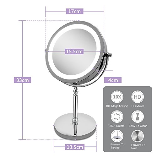 LED Lighted Makeup Mirror,Vanity Mirror with Touch Screen,10X Magnification Spot Mirror, Countertop Cosmetic Mirror,Adjustable Brightness,Double Sided,Polished Chrome - Thumbnail 5