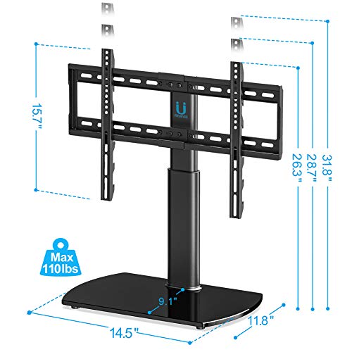 FITUEYES-Universal-TV-Stand-Base-Swivel-Tabletop-TV-Stand-with-Mount-for-32-to-65-inch-Flat-Screen-TV-80-Degree-Swivel-3-Level-Height-AdjustableTempered-Glass-BaseHolds-up-to110-lbs-Screens