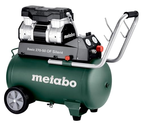 metabo Compressor Basic 270-50 OF Silent – 50 Litre Boiler 10 Bar Pressure 130 L/min Filling Power, Oil Free, Quiet and Portable, for DIY and Professionals – Includes Coupling