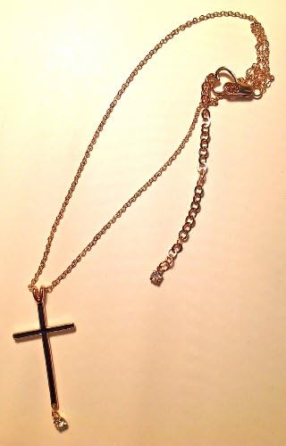 Gold Black Enamel Cross Necklace - with Swarovsky Element Crystal Accent 18 Inch Long