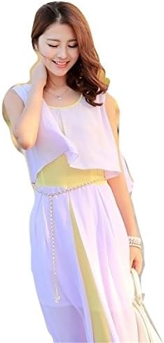 Amazon 夏物シフォンオールインワン ノースリーブ ワンピース ロングスカート 大きいサイズ 婦人服 レディースファッション フェミニン ゆったりコーデ 通勤 ロングスタイル 大人カジュアル 丸襟 学生 二次会 スタイルアップ オリジナルアクセサリー付属 Lpsb M