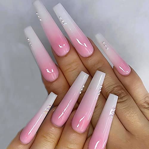 Feilisa Pink Coffin Fake Nails Long Press On Nails Bling Gradient False Nails Rhinestone Design Nails Full Cover False Nail Tips 24 Pcs Pink Pricepulse