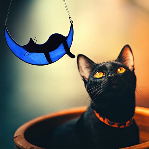 Black Cat Memorial Gifts, 2 Pcs Cat Decor Suncatcher, Window Suncatcher Cat on Moon Memorial Gifts, Gifts for Cat Lovers