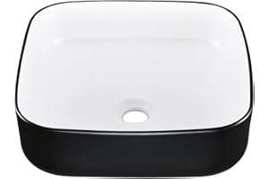 Miyili Bathroom Vessel Sink 15.1"x15.1" (Black & White) Modern Rectangular Counter Ceramic Countertop Sink Art Basin, VS3838BW