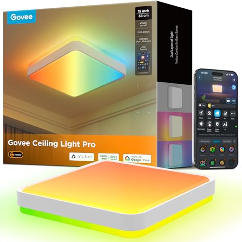 Govee RGBIC Ceiling Light, 48.5 W, Smart LED Ceiling Light, 4300 lm, Compatible with Matter, Alexa & Google Assistant, LED Ceiling Light, Diameter 38 cm, Dimmable with Backlight for Living Room