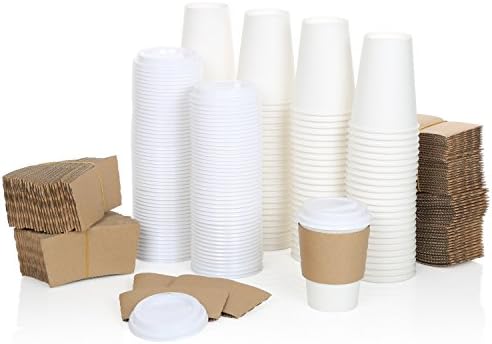 100 Pack of Premium 12oz White Disposable Coffee Hot Cups +2 Piece Accessory Bundle of Secure Fit Lids, Corrugated Sleeves,- 100% Recyclable – Perfect for Hot &amp; Cold Drinks - by A1 DEAL