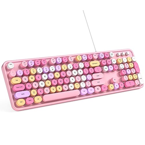 MOWUX Kabelgebundene Computertastatur, Plug and Play, runde Retro-USB-Tastatur für Schreibmaschine, kabelgebundene Tastatur in voller Größe mit faltba