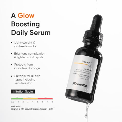 Minimalist 10% Vitamin C Face Serum for Skin Brightening | Highly Stable & Effective Face Serum with pure Ethyl Ascorbic Acid & Acetyl Glucosamine for Glowing Skin | 30ml