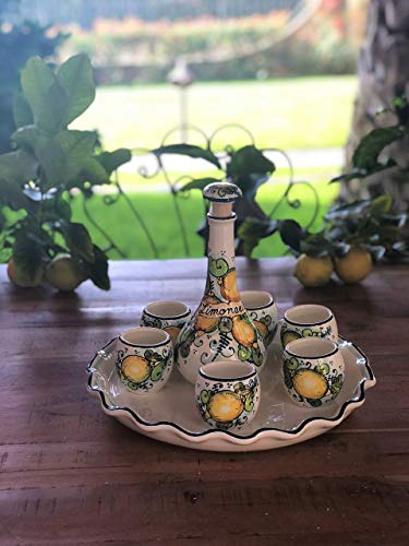CERAMICHE D'ARTE PARRINI - Italian Ceramic Pottery Set Tray + Bottle + 6 Cups Limoncello Liqueur Shot Glasses Decorated Lemons Hand Painted Made in ITALY Tuscan - Thumbnail 3