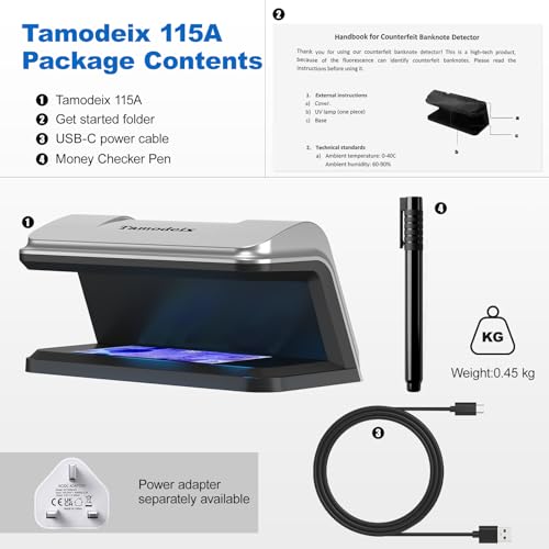 Tamodeix Counterfeit Money Detector with Money Checker Pen Bundle, LED UV Fake Note Checker, USB-C Powered NX-115A