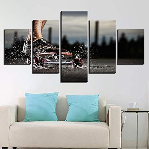 HIOJDWA Paintings Canvas Pictures Living Room Decor Hd Prints 5 Pieces Extreme Sports Skateboard Paintings Skateboarding Poster Wall Art Framework