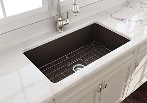 BOCCHI 1362-025-0120 Sotto Undermount Fireclay 32 in. Single Bowl Kitchen Sink with Protective Bottom Grid and Strainer in M, Matte Brown