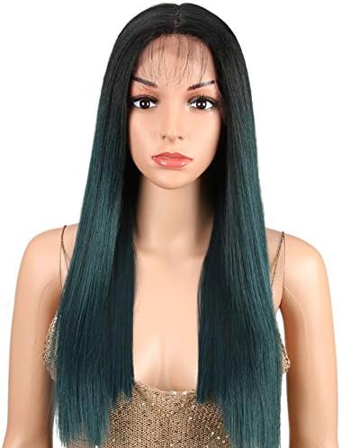 Joedir Lace Front Wigs for Black women Heat Resistant Synthetic Fiber 20" Yaki Straight Wigs Ombre color 130% Density wigs(TT1B/GREEN8)