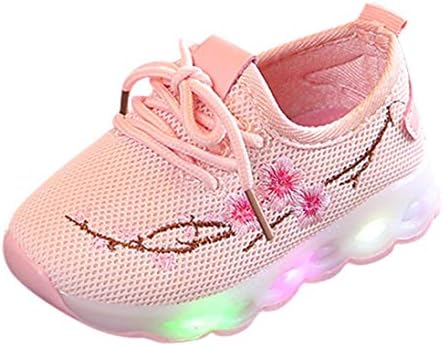 Axinke Toddlers Little Girls Embroidery Breathable Outdoor Walking Shoes LED Light Comfy Mesh Sneakers