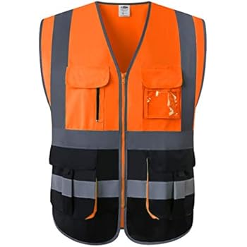 JKSafety 7 Pockets Class 2 High Visibility Zipper Front Safety Vest With Reflective Strips.Meets ANSI/ISEA Standards (X-Large, Orange-Black)