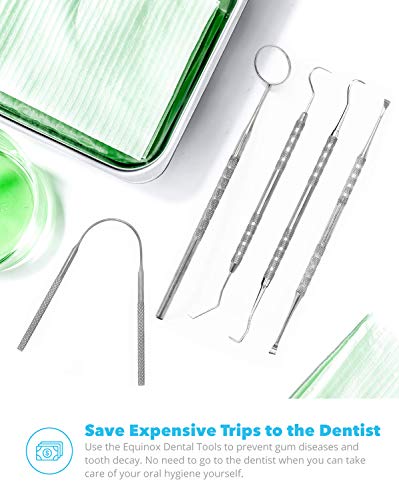 Equinox International Dental Hygiene Kit - Includes Tarter Scraper/Scaling Instrument, Dental Pick, Dental Sickle, and Mouth Mirror - Professional Surgical Grade Dentist Approved Tools