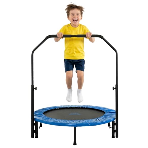 Machrus Upper Bounce Mini Trampoline for Adults- Rebounder Exercise Fitness Indoor/Outdoor Trampoline- Small Foldable Trampoline for Kids with Adjustable Bar and Safety Padding