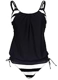 ACHICGIRL Women Black Color Block Striped Tankini with Triangle Briefs