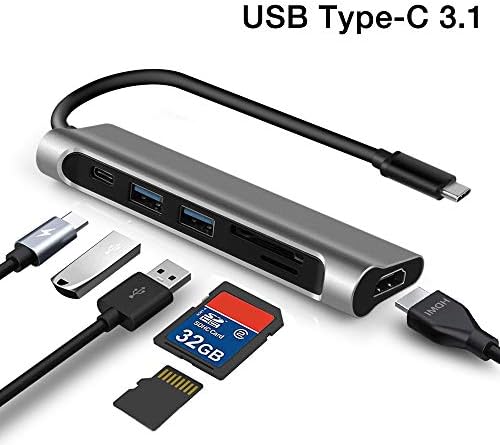 ICFPWR USB C Hub, 6-in-1 Type C Hub with 2 USB 3.0 Port a Type C Port a HDMI Port and a SD/TF Card Port, Multi-Function USB C to HDMI Adapter Compatible for Windows Computer(Grey)