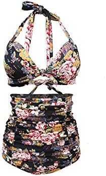 OWNFUN Two Piece Women’s Retro High Waist Bandage Halter Vintage Floral Printed Swimsuit (L-2XL)