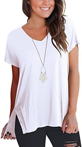 KUSMOO Women T Shirts Short Sleeve Casual Tee Tops Cotton Shirts V Neck (White, Large)