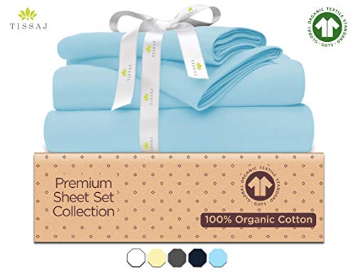 500-Thread-Count Organic Cotton Bed Sheets - Set - 500TC King Size Ice Blue - 4 Piece Bedding - 100% GOTS Certified Extra Long Staple, Soft Sateen Weave Finish Bedsheet - Fits 15" Deep Pocket Mattress