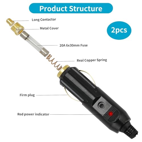 2 x 12 V Male Cigarette Lighter Sockets, 12 V Male Cigarette Lighter Socket with 20 A Fuses and LED Indicator, Universal Connector for Car, Air Pump, Motorcycle, Truck, Boat, Car Accessories