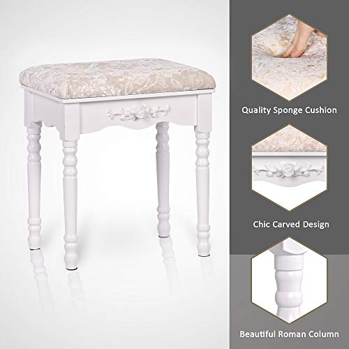 Vanity Stool Set, Make Up Table with 5 Drawers, Tri-Folding 3 Mirrors, Cushioned Stool Easy Assemble White - Thumbnail 4