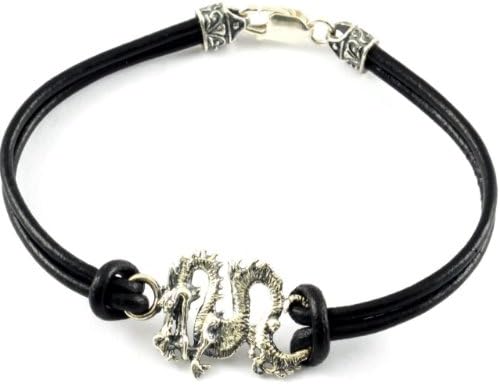 Silver Dragon Black Leather Bracelet
