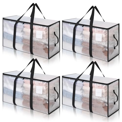 Cozary Aufbewahrungstasche mit Deckel 4 Stück 94L Große, Transparente Umzugskartons Groß mit Reißverschlüssen Griff Kleideraufbewahrung Umzugstaschen für Umzug Camping Bettwäsche Kleidung Aufbewahrung