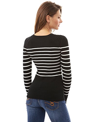 PattyBoutik Women Crewneck Striped Military Sweater (Black and Ivory Small) - Thumbnail 3