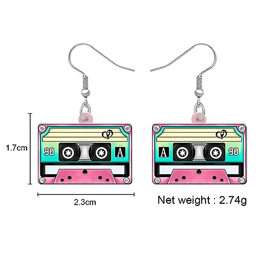 DOWAY Cute Retro Acrylic Dangle Cassette Ribbon Earrings with Mixtape Tape for Cover Funny 70s 80s Gifts Party Accessories for Women