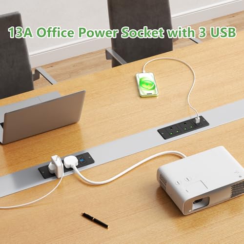 HANNELORE Recessed Power Strip with USB C PD20W, Desk Power Socket with USB, Power Extension Lead 2 Outlets 2 Screws, Hidden in Furniture Desk Table, 2M/6.6FT Cable, Black