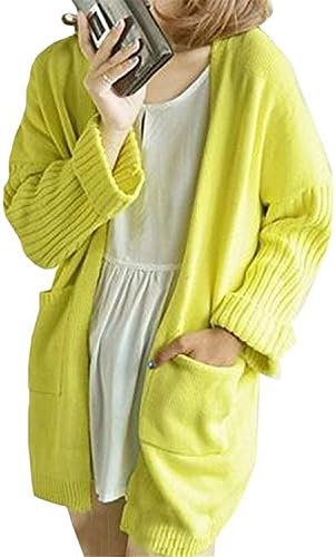 WANabcMAN Graceful Front Pocket Women Solid-Colored Cardigan Sweater YellowOne Size
