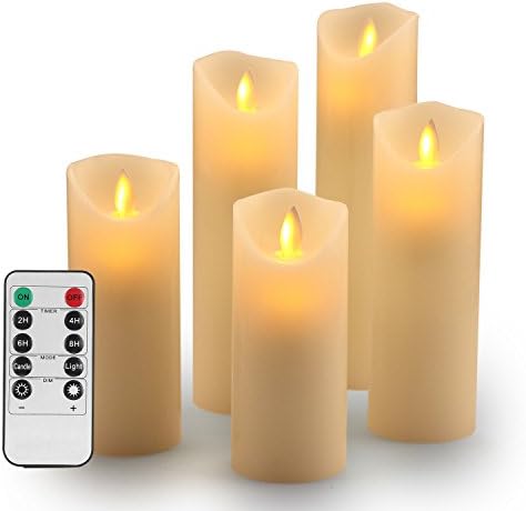 Antizer Flameless Candles 5" 6" 7" 8" 9" Set of 5 Ivory Dripless Real Wax Pillars Include Realistic Dancing LED Flames and 10-key Remote Control with 24-hour Timer Function