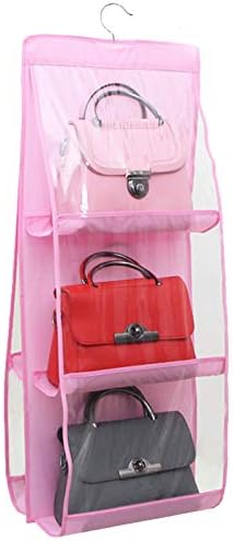 KUNIDE Hanging Handbag Organizer Dust-Proof Storage Holder Bag,Hanging Purse Handbag Organizer Breathable Nonwoven Storage Holder Bag 6 Easy Access Pockets (Pink)