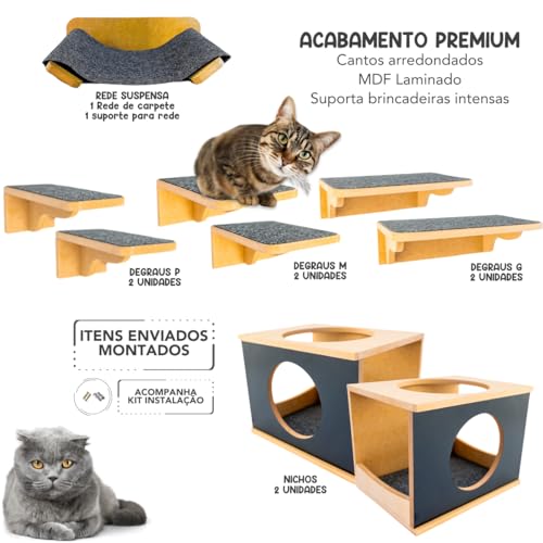 Playground Para Gatos 9Pçs Premium Resistente Já Montado Com Kit Fixação e Rede (PRETO) (Preto)