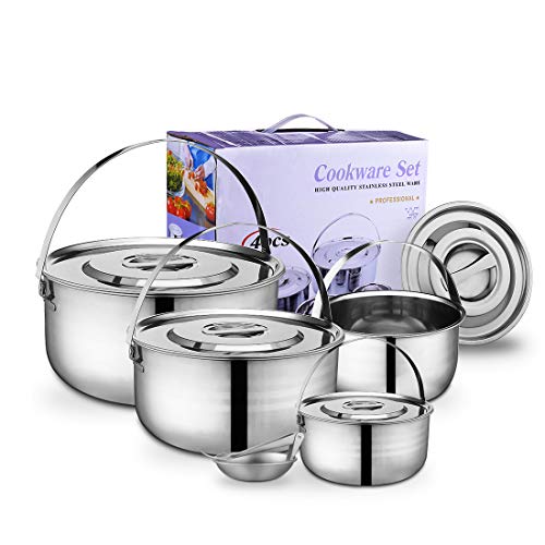 ZDZDZ Camping Cookware 5 Set – Portability Stainless Steel Campfire Cooking Pots and Pans | Combo Kit with Foldable Soup Spoon, Rugged Outdoor 5 Pcs Cook Set for Camping Cooking