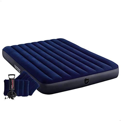 64765 - Materasso Gonfiabile Classic Downy Matrimoniale, Due Cuscini e Pompa Manuale, PVC, Blu, 152x203x25 cm