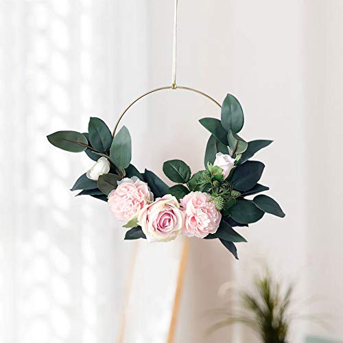 Adeeing Hoop Wreath, 15 Inch Artificial Rose Flower and Vine Wreath Garland Hanging Pendant for Wall Decor Wedding Backdrop (Pink)