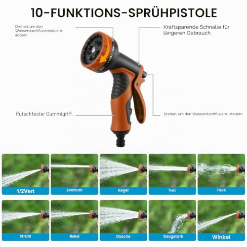 Homvvi Flexible Garden Hose 74 ft/22.5 m - Durable Water Hose Flexible with 10 Function Garden Shower, 1/2 Inch, 3/4 Inch Hose Adapter, Garden Hose for Car Washing, Garden, Pet