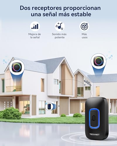 TECKNET Battery Powered Wireless Doorbell, IP66 Waterproof, 400M Range, 5 Volume Levels, 60 Melodies, RGB Removable Battery, External Wireless Doorbell
