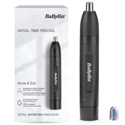 Tondeuse Nez et Oreilles BaByliss - Système de coupe circulaire à 2 lames, Fonctionne sur pile, Acier inoxydable, Accessoires amovibles faciles à nettoyer, Noir, E650E