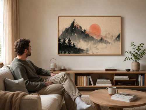 Artefizio Quadro Orientale, Montagne e Sole Su Tela per Soggiorno | Stampa Giapponese Su Tela con Montagne e Sole Rosso, Quadro Orientale per Soggiorno, Camera e Parete Zen