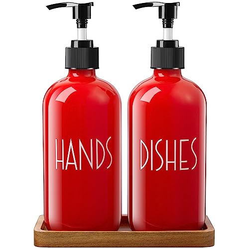 ALELION Red Dish Soap Dispenser for Kitchen - 16 OZ Glass Hand Soap Dispenser Set with Pump and Acacia Wood Tray - for Red Kitchen Decor or Accessories
