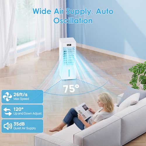Windowless Portable Air Conditioners, 6L Swamp Cooler, 3-IN-1 Evaporative Air Cooler with 4 Ice Packs, 4 Modes & 3 Speeds, Auto Oscillating, 12H Timer, Remote, Quiet Cooling Fan for Home