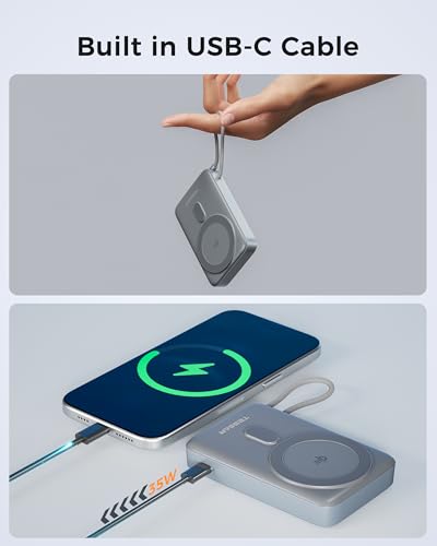 TESSAN 10000mAh Power Bank Inalabrico, PD 35W Cargador USB C Magnética Carga rápida, Batería Portátil con Cable USB-C Incorporado y Soporte Compatibles con iPhone Serie 17/16/15