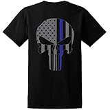 GunShowTees Men's Blue Lives Matter/Skull American Flag Thin Blue Line Shirt, X-Large, Black