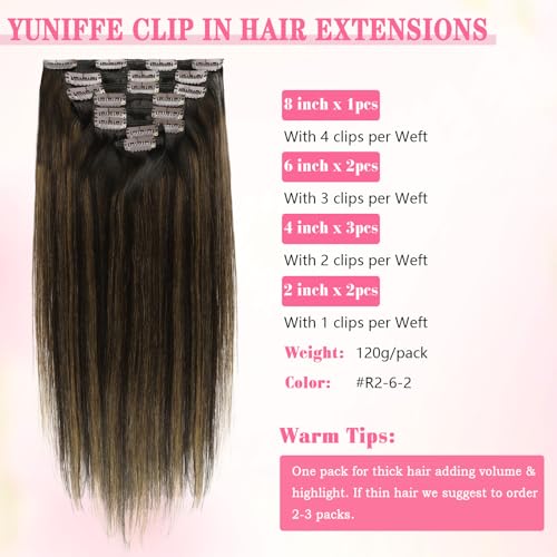 Yuniffe Clip in Hair Extensions Human Hair Balayage Dark Brown to Chestnut Brown 22 Inch 8pcs 120g Hair Extensions Clip in Natural Straight Remy Human Hair Extensions for Women #R2-6-2